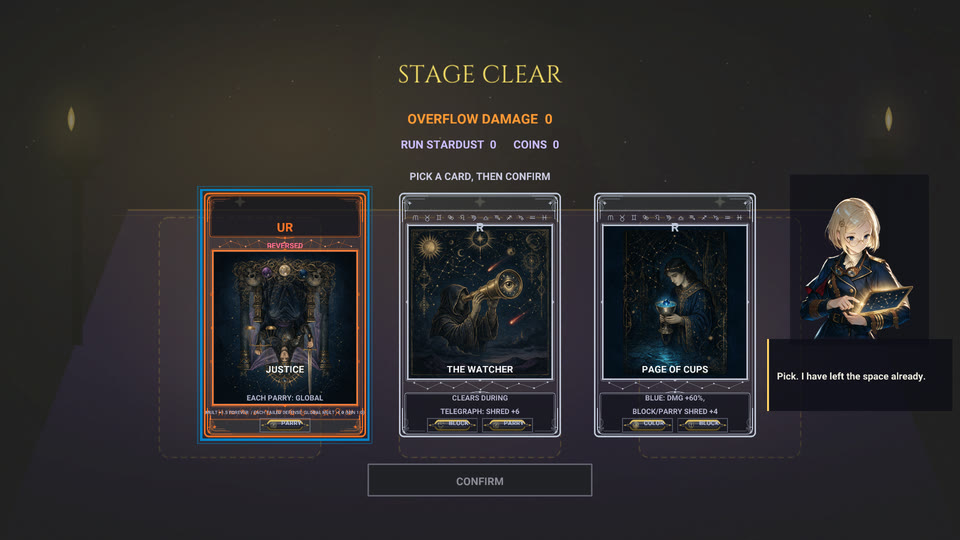 Stage clear: pick one of three tarot cards.
